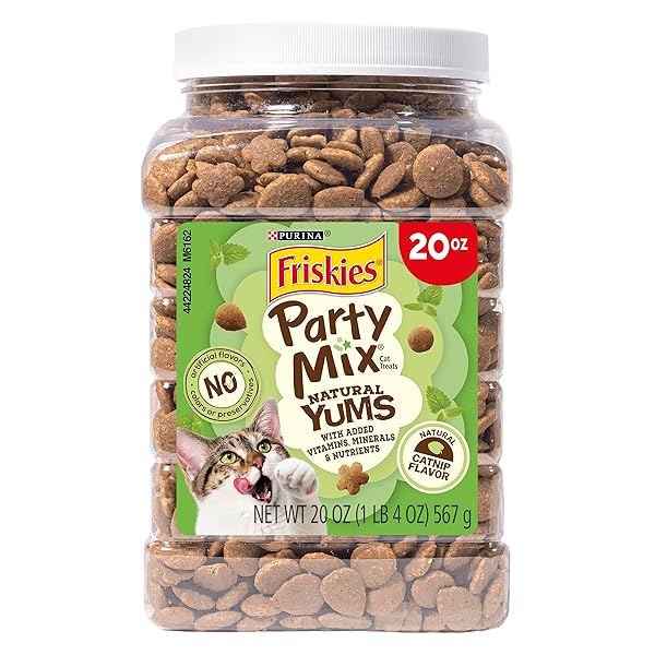 PURINA FRISKIES MADE IN USA FACILITIES, NATURAL CAT TREATS, PARTY MIX NATURAL YUMS CATNIP FLAVOR – 20 OZ. CANISTER
