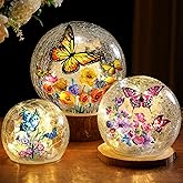3pcs Spring Crackle Glass Ball Lights - Butterfly Ball Lamp Ornaments Indoor Globes Decorations LED Night Tabletop Decorative Sphere Lamp for Home Decor