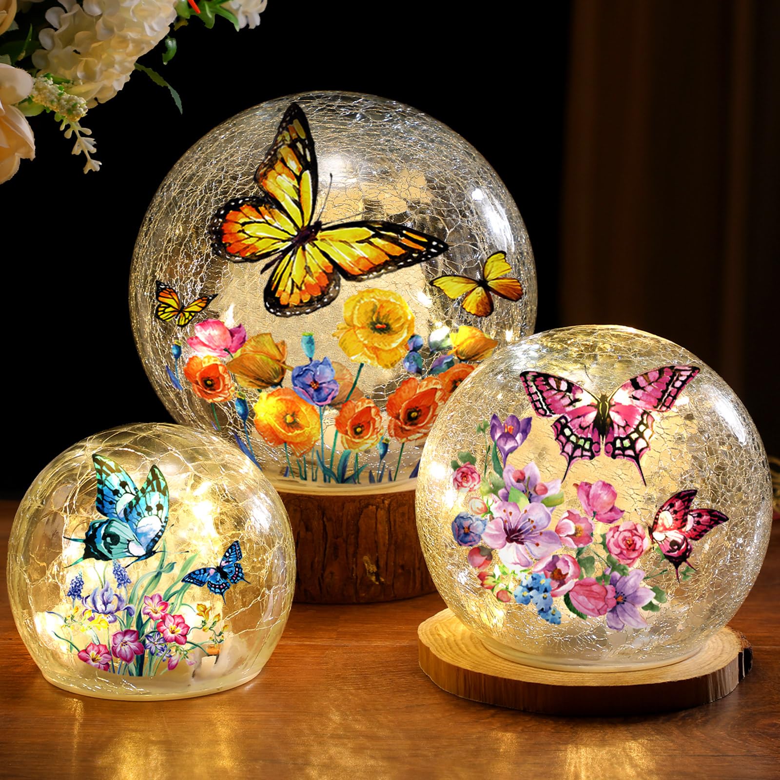 Photo 1 of 3pcs Spring Crackle Glass Ball Lights - Butterfly Ball Lamp Ornaments Indoor Globes Decorations LED Night Tabletop Decorative Sphere Lamp for Home Decor