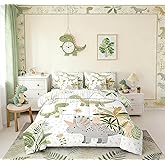 Feelyou Kids Cute Dinosaur 7 Piece Bedding Set Twin Size Cartoon Green Dinosaur Comforter Set with Sheets for Boys Girls Teens Cute Animal Bed in a Bag Coconut Plant Bed Set