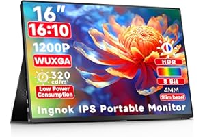Ingnok 16inch Portable Monitor, Travel Monitor for Laptop with 1200P 16:10 320cd/m2 IPS 8Bit Screen, had HDMI USB C Compatible Laptop PC Phone PS4 Xbox and Switch (Black)