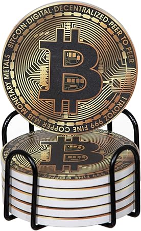 Bridgemore Physical Bitcoin Coasters for Drinks - Set of 6 Ceramic Bitcoin Coin Coasters for Drinks Absorbent with Holder - Great Bitcoin Gift Idea or House Warming Presents for New Home