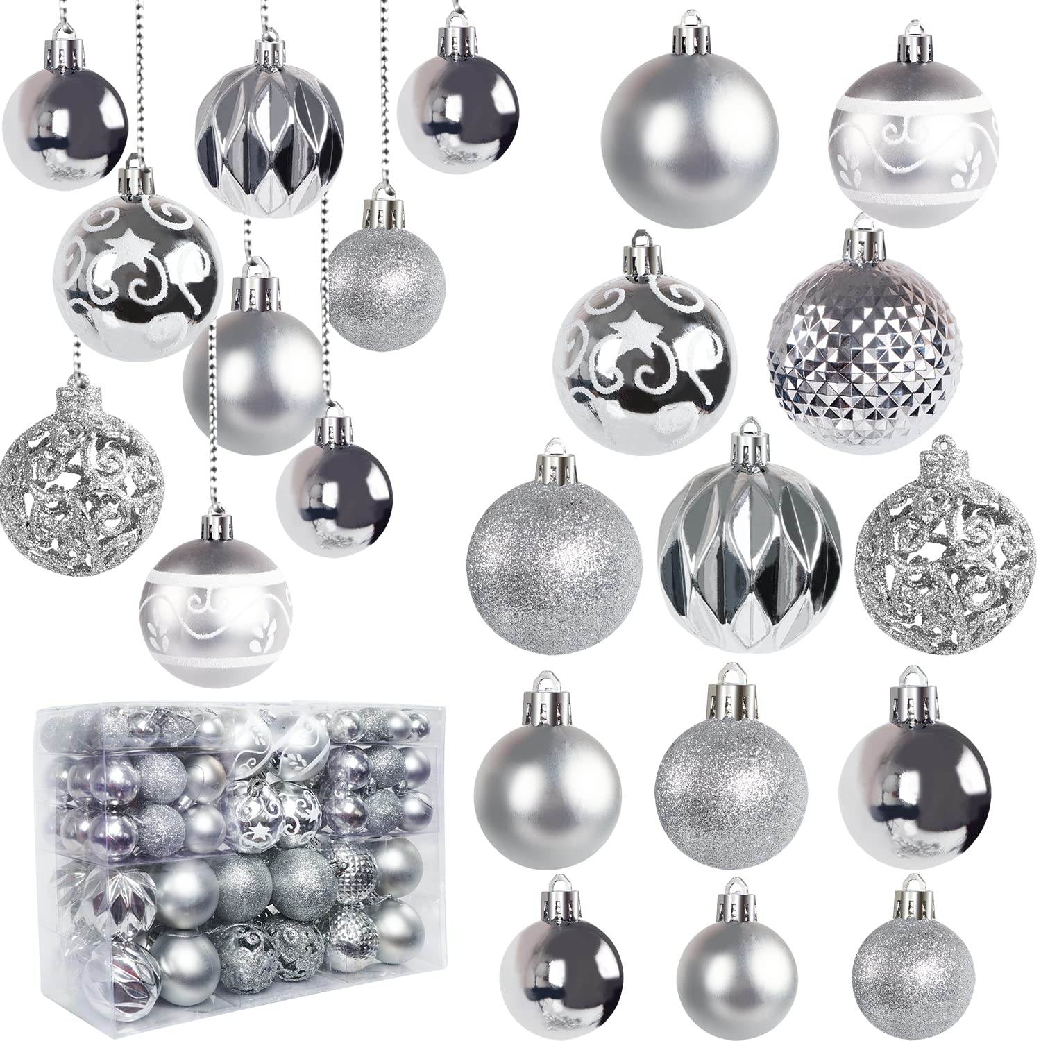 Ywlake 100Pcs Christmas Ball Ornaments for Christmas Tree Decoraion Baubles Shatterproof Balls Hanging Ornaments for Xmas Holiday Party Home Decorations (Silver)