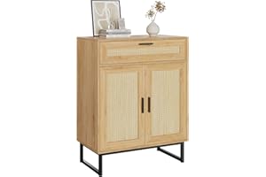 UPOSOJA Rattan Storage Cabinet with Large Drawer, Rattan Doors Accent Cabinets, Buffet Adjustable Shelf Freestanding Storage, Kitchen, Dining Room, Living Room, Bedroom (Oak Color-Iron Legs, 1Pcs)