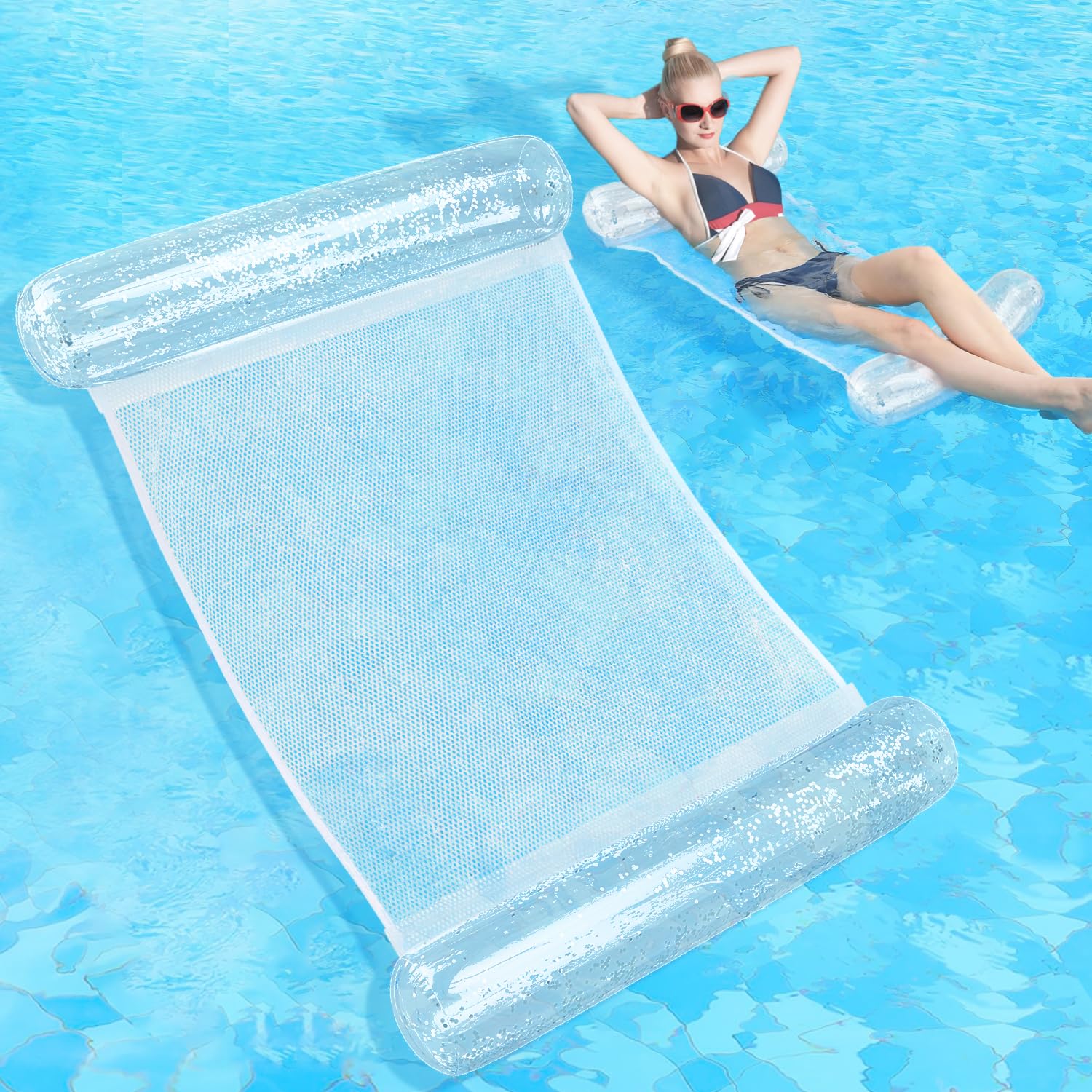 Photo 1 of Sratte Pool Float Glitter Water Hammock Pool Loungers Inflatable Swimming Pool Hammock Multi-Purpose Water Floaties for Adults Lake Pool Summer Accessories Party (Silver)
