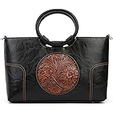 Vintage Leather Purse for Women Clutch Satchel Top-Handle Tote Bag Embossed Totem Shoulder Handbags
