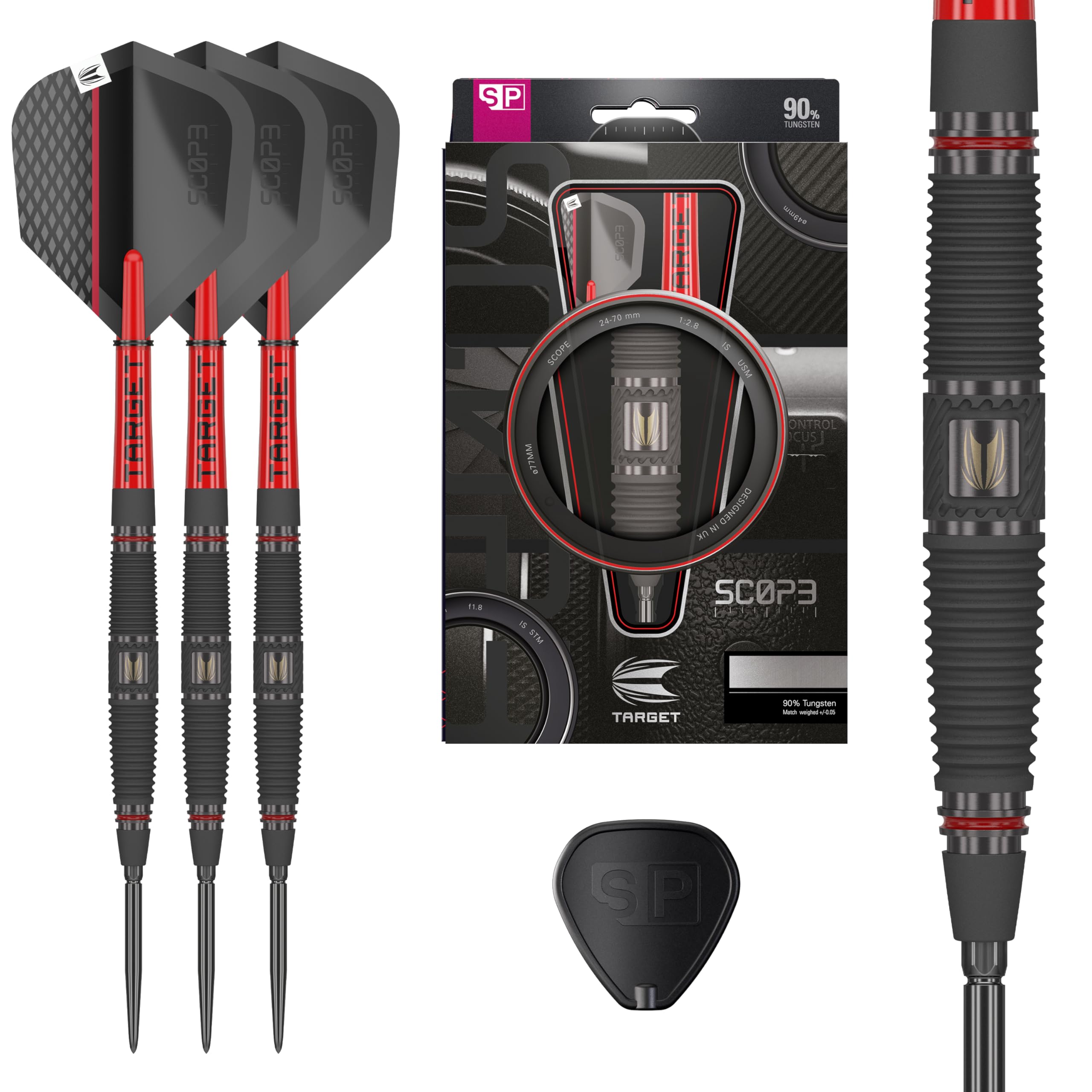 Target Darts Scope Steel Tip Swiss Point Darts, 90% Tungsten Dart Set, Barrel 04-24G | Steel Tip Dart Sets, Red & Black Darts, Professional Dart Set with Swiss Points & Tool