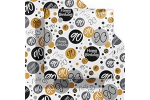 WRAPAHOLIC Birthday Wrapping Paper Sheet - 6 Sheets Black 90th Birthday Design Folded Flat for Birthday, Party, Baby Showers - 19.7 Inch X 27.5 Inch Per Sheet