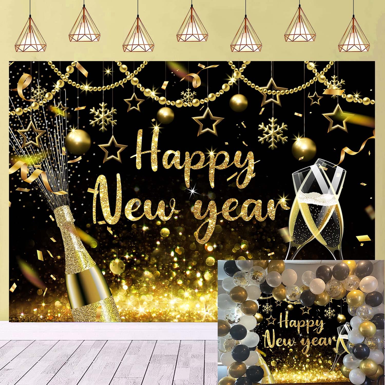 8X6FT 2026 Happy New Year Backdrop Black Gold Glitter New Years Background for 2026 New Years Eve Party Decoration Backgrounds