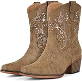 IUV Cowboy Boots for Women Ankle Cowgirl Boots with Embroidered Rhinestone Decor Chunky Heel Snip Toe Classic Western Wide Booties