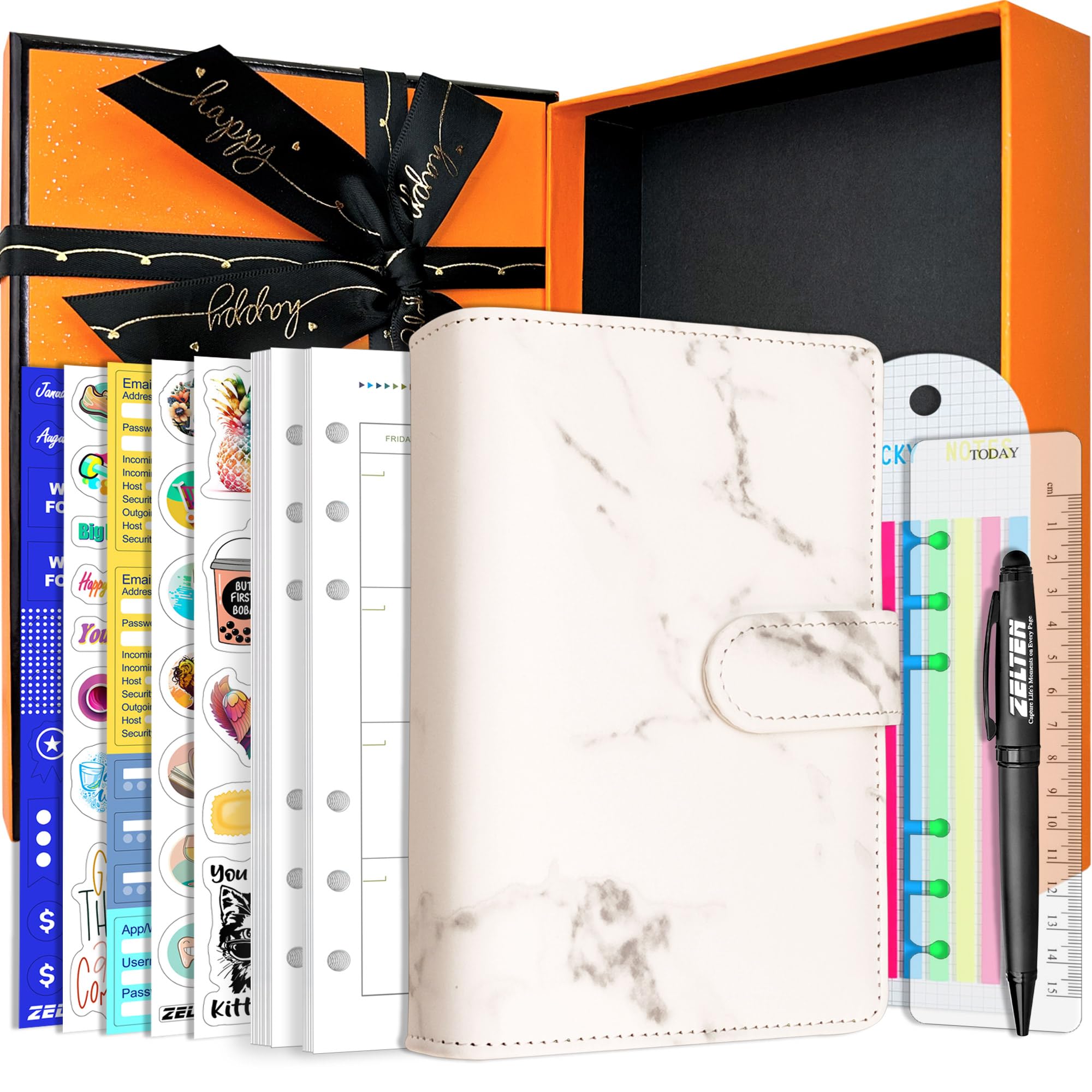 Zelten PU Leather Personal Notebook Planner with 67 Pages Loose-Leaf Papers 6 Holes Ring Binder Pen Holder Magnetic Buckle (White Marble,A6 Gift Box)