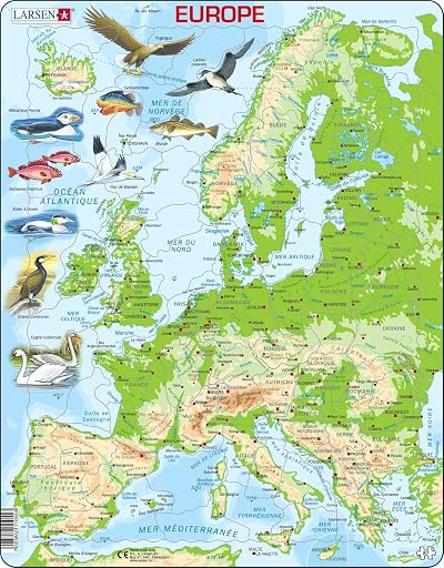 Larsen K70 Europe Topographic Map Jigsaw Puzzle 87 Pieces French Edition Tray