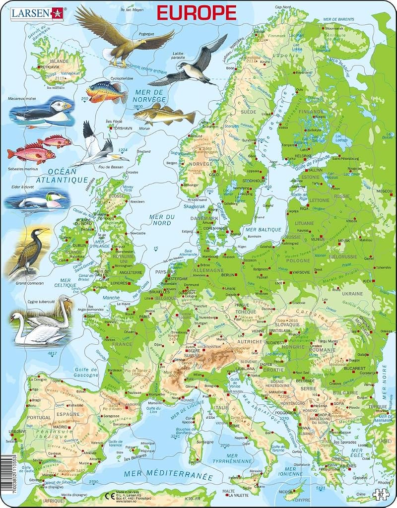 Larsen K70 Europe Topographic Map Jigsaw Puzzle 87 Pieces French Edition Tray