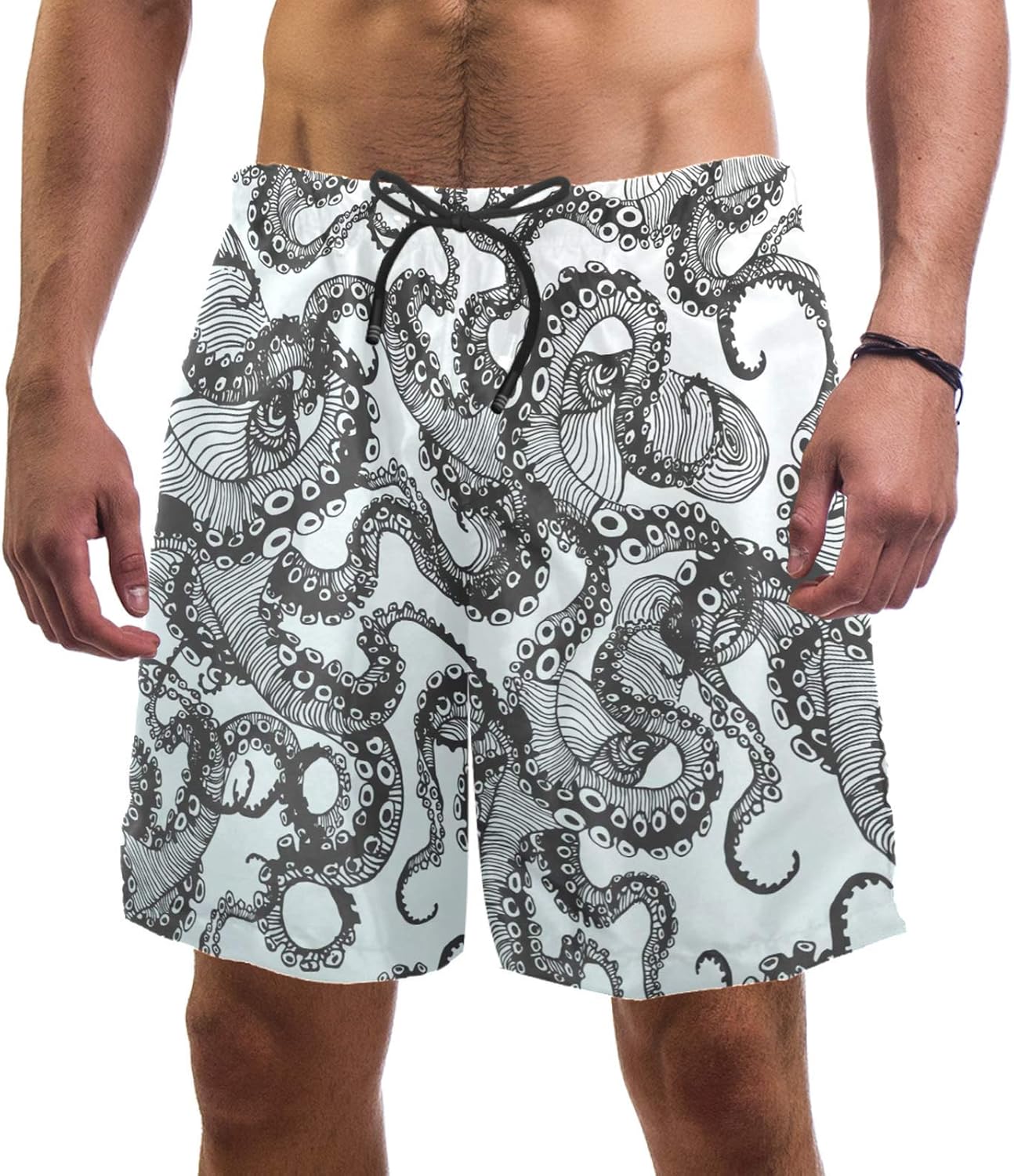 Abstract Hand Drawed Octopus Men's Swim Trunks Quick Dry Beach Shorts with Zipper Pockets and