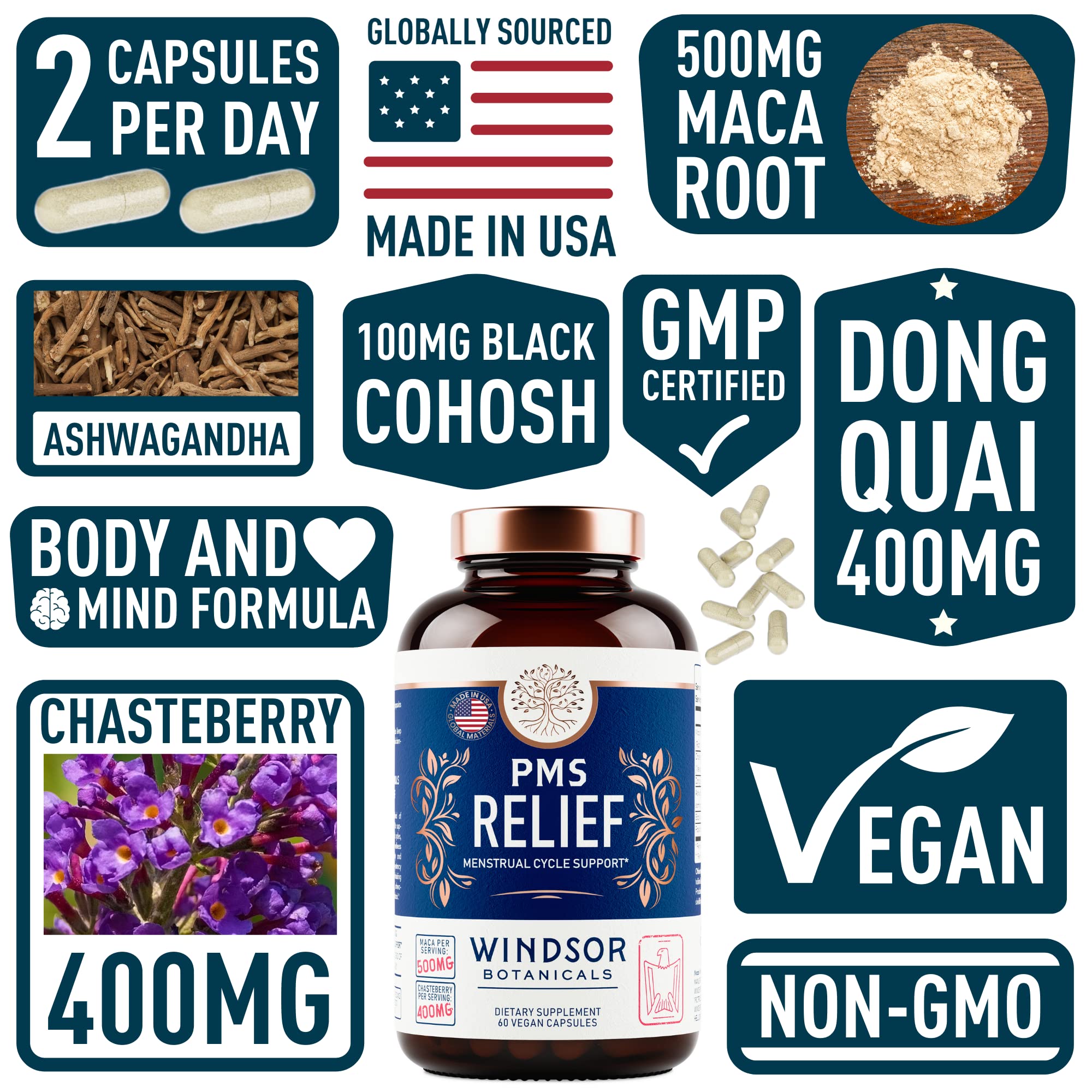 PMS Support Supplement for Women with Chasteberry, Maca Root, Ashwagandha - Period Relief, Bloating Relief for Women, Mood Support, Hormone Balance Herbal Supplements - 30 Day, 60 Vegan Capsules