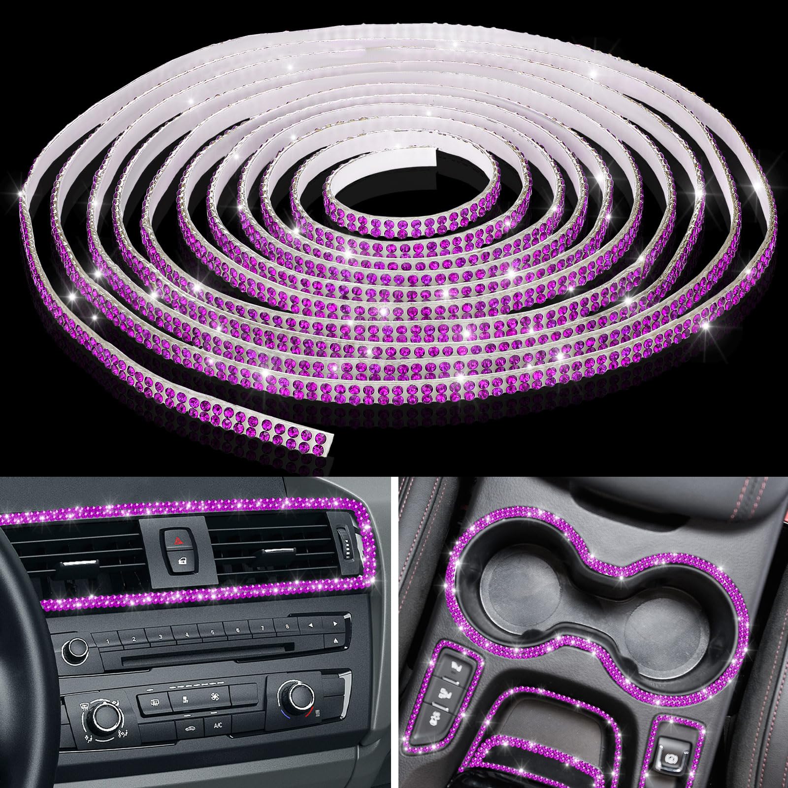 Photo 1 of Kingdder 16.4Ft Bling Car Trim Self Adhesive Glitter Crystal Rhinestone Car Interior Exterior Accessories for Women DIY Line Molding Stickers for Auto Dashboard Diamond Ribbon Strips Decor (Purple)