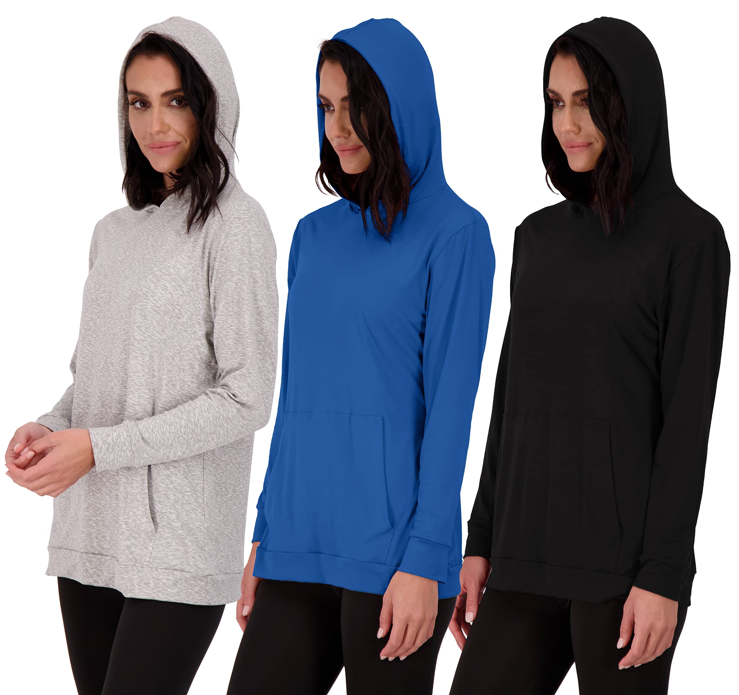 Photo 1 of * Black shirt seam came loose in front* see picture* 3 Pack: Women's Long Sleeve Hoodie Pullover Casual Sweatshirt Fashion Camo Tie Dye Quick Dry Fit Lounge Active Yoga Running Athletic Exercise Gym Workout Outdoor Top Ladies Kangaroo Pocket- Set 7, L
