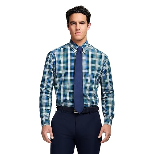 IZOD Men's Dress Shirt Regular Fit Long Sleeve Wrinkle Free Stretch Button Down Collar, Evergreen