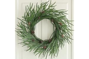Hometrance Plain Christmas Norflok Pine Wreaths for Front Door 20-22 Inches, Real Touch Xmas Winter Wreath for DIY Window Outdoor Outside, Artificial Holiday Farmhouse Wreath for Indoor Decor