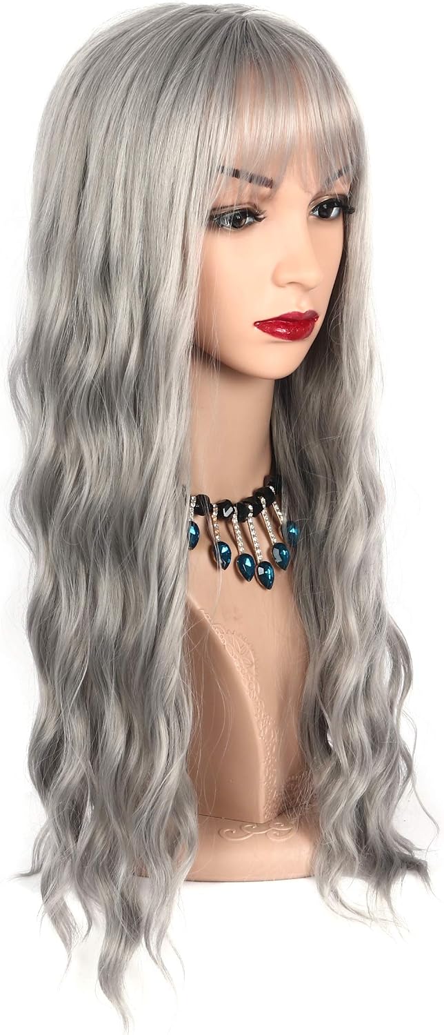 Chisu Synthetic Wigs With Bangs For Women Glueless Wigs Long Wavy Style Wig Middle Part 26inches Silver Grey Color - Image 4