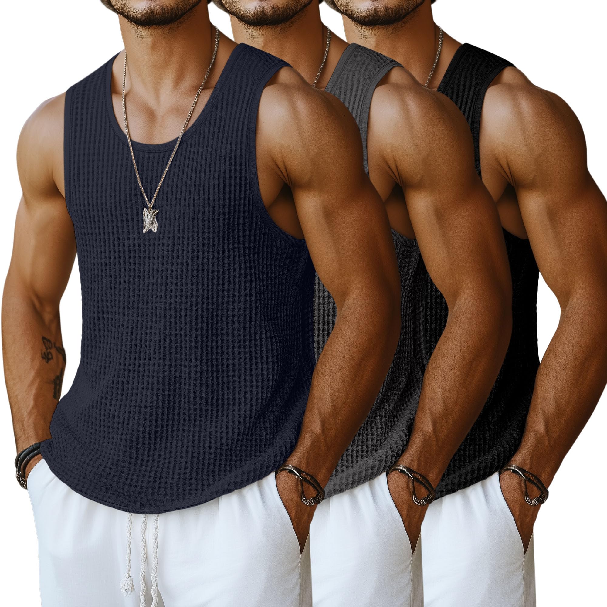 Photo 1 of Riyiper 3 Pack Men's Waffle Knit Tank Tops, Casual Sleeveless Shirts Classic Beach Tank T-Shirts Summer Breathable Muscle Tee(Black, Light Gray, Navy Blue,X-Large)