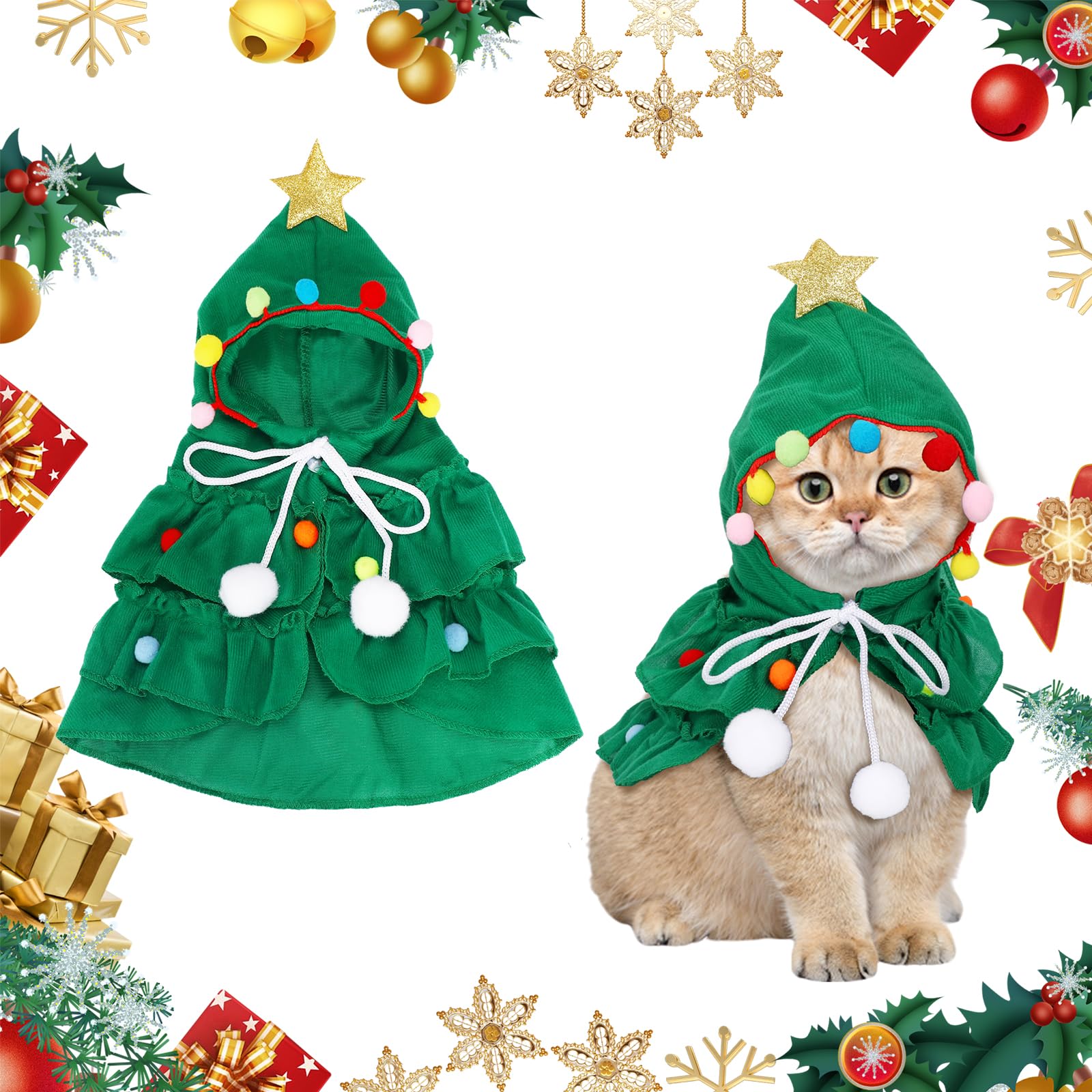 Pet Christmas Costume, Cat Christmas Cloak with Star Hat, Lovely Xmas Tree Shape Dog Costume Cat Cloak with Adjustable Rope for Cats Puppy Kitten Small Dogs Pets Cosplay Party Xmas New Year, Green — image 1