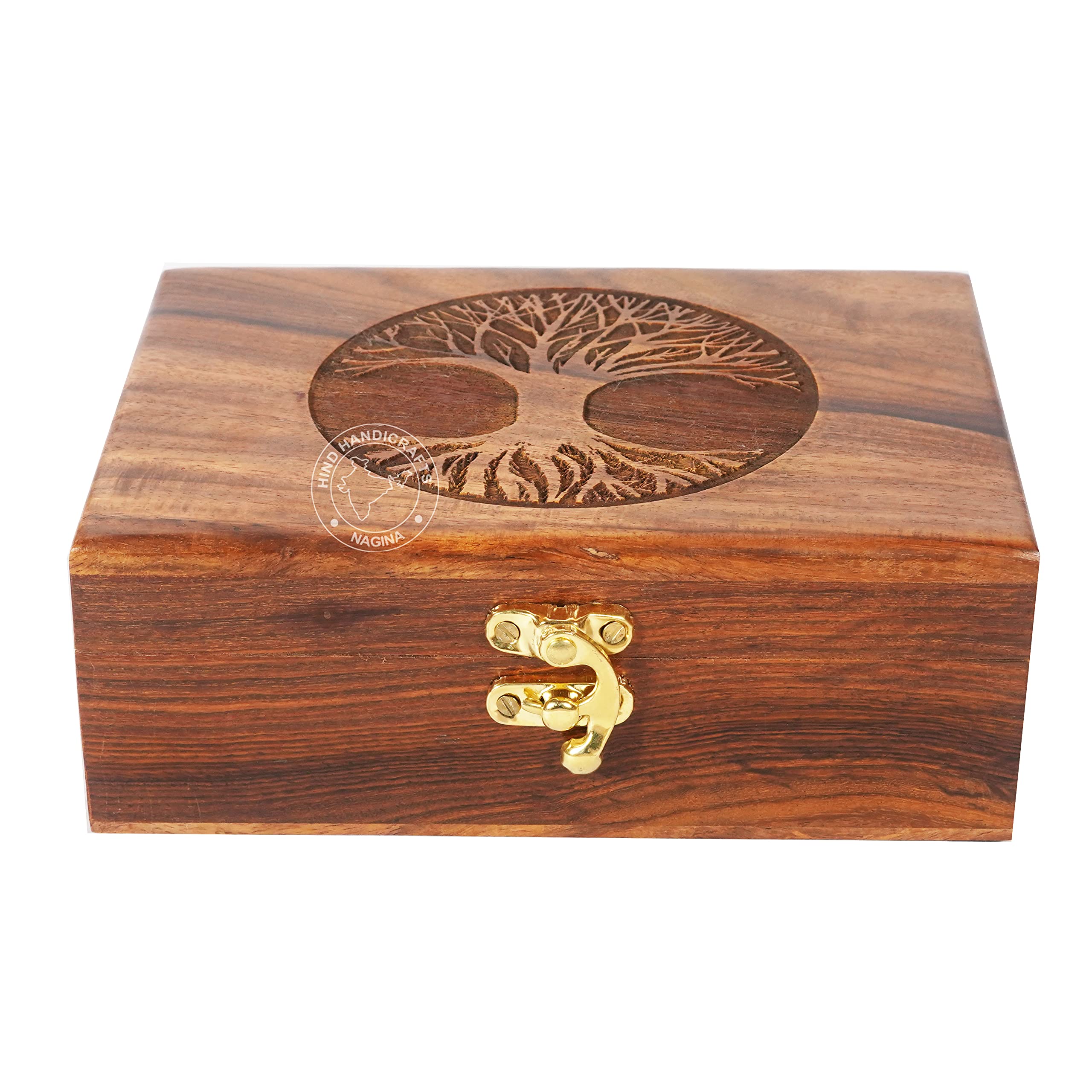 Hind Handicrafts Handmade Rosewood Urn Box | Tree of Life Engraved Wooden Jewelry Organizer | Hand-Carved Decorative Keepsake Gift for Men & Women (7'' x 5'' x 2.5'', Tree - 10)