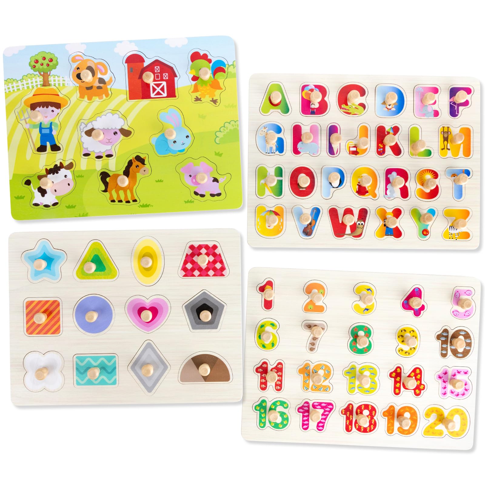 Funsland Wooden Puzzles Jigsaw for 1 Year Old, 4 Pcs Toddler Peg Puzzles Animals, Baby Montessori Wooden Toys, Infant Kid Fine Motor Skill Learning Educational Toys Gifts for 1 2 3 Years Old Kids