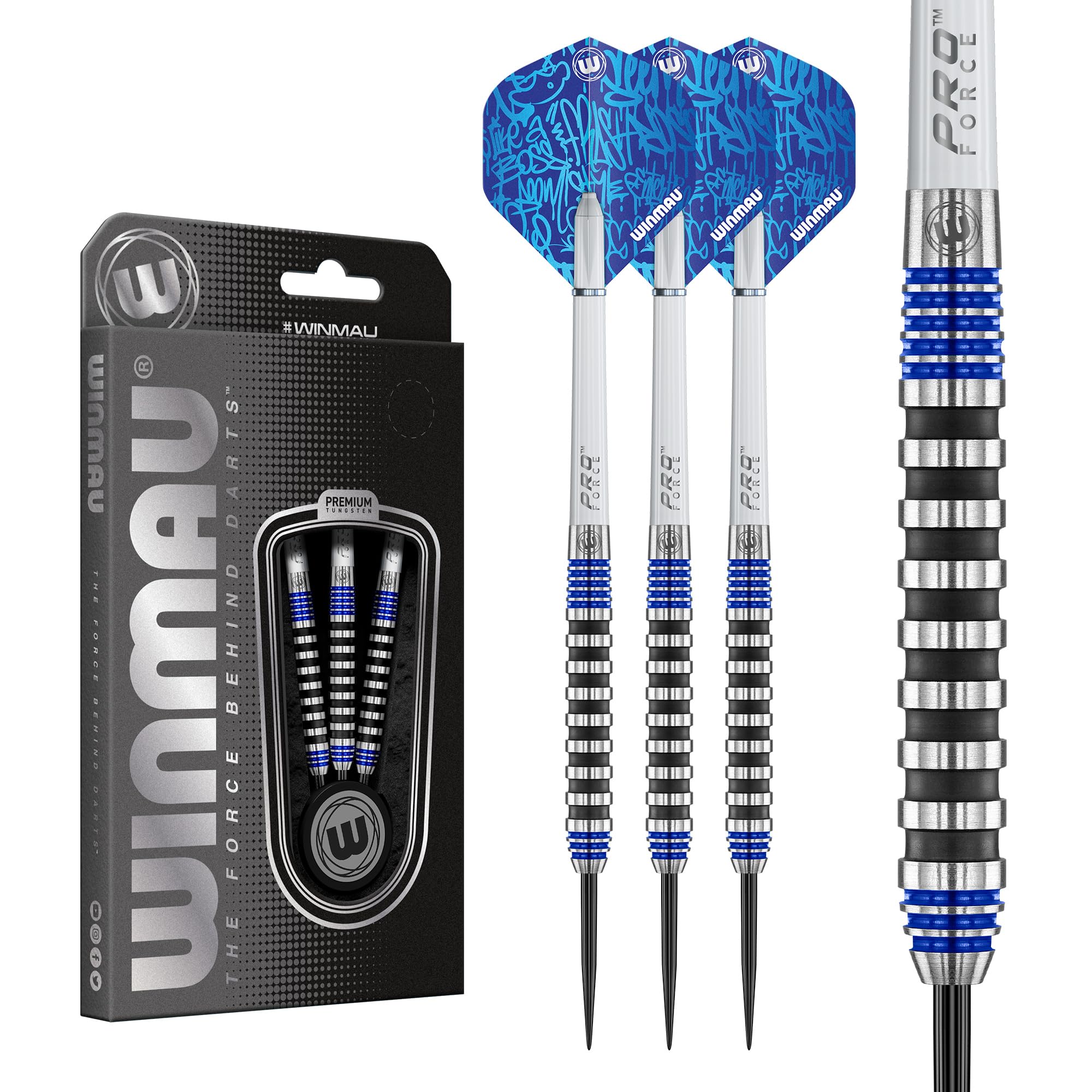 WINMAU Advance 500 Series Tungsten Blue 26 Gram Steeltip Darts Set with Flights and Shafts (Stems)
