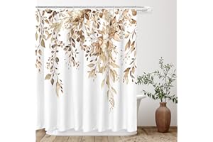 Tititex Tan Eucalyptus Shower Curtain Sets, Watercolor Brown Leaves on The Top Plant with Floral Bathroom Decoration 72x78 Inch with Hooks