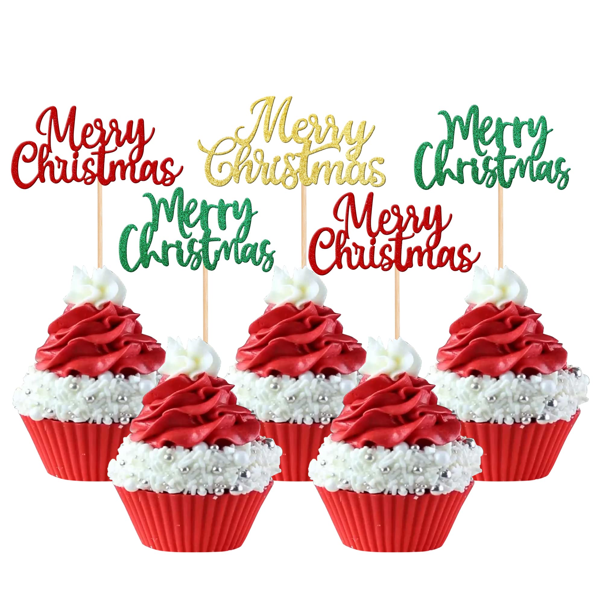 Xsstarmi 36 Pack Merry Christmas Cupcake Toppers Glitter Xmas Cupcake Picks for Christmas Eve New Year Holiday Party Cake Decorations Supplies Gold Red Green