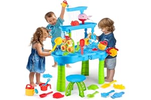 OKKIDY Water Table for Toddlers 3-5, 3-Tier Kids Splash Sand Table Water Toys, Rain Showers Splash Pond for Outdoor Beach Backyard Summer, Activity Play Table for Girls Boys