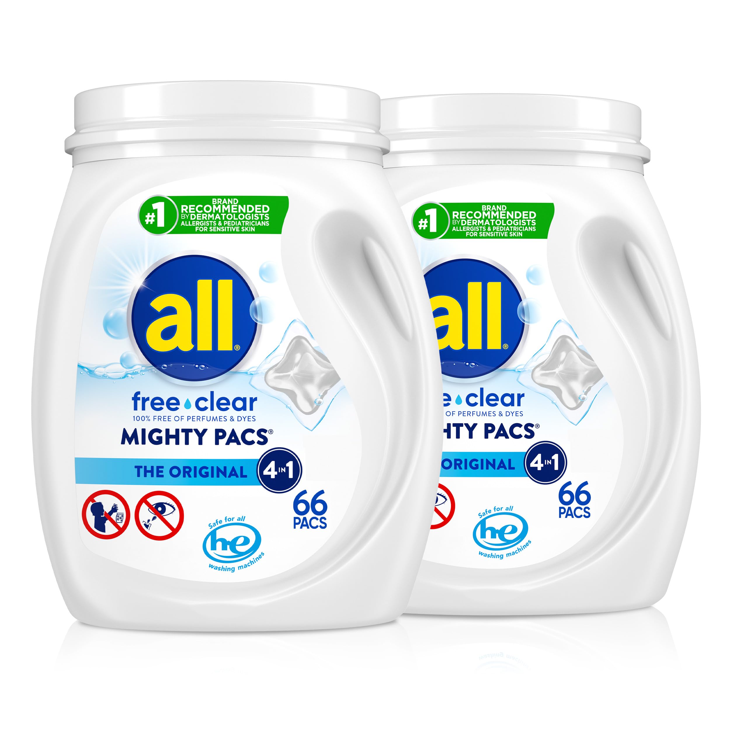 all free clear, Original, MIGHTY PACS Laundry Detergent Pacs for Sensitive Skin, Unscented and Hypoallergenic, 66 Count (Pack of 2)