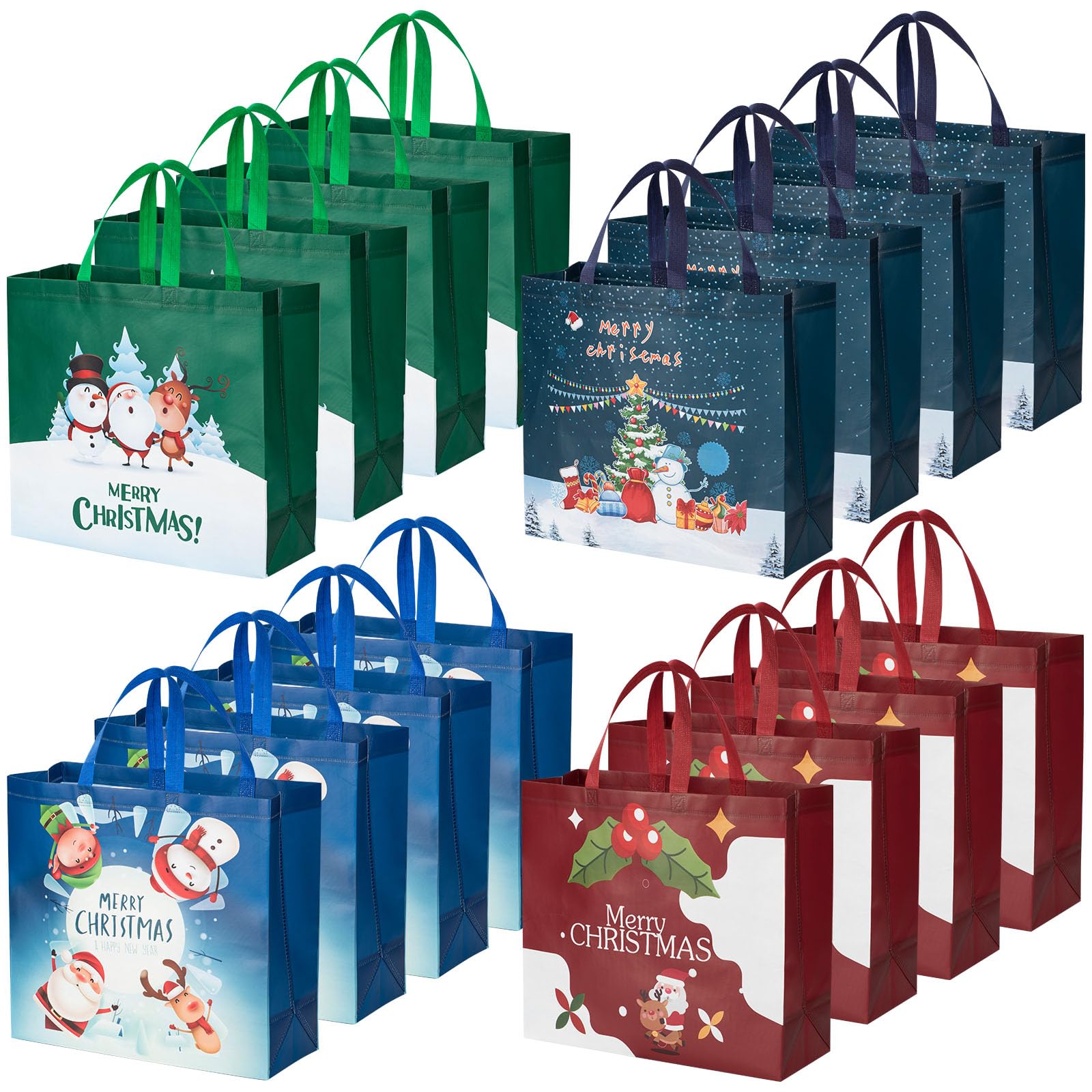 16PCS Extra Large Christmas Tote Bags With Handle - Non-woven Xmas Fabric for Presents, Holiday Party Supplies