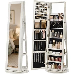 SONGMICS HOME Standing Jewelry Cabinet, Full Length Mirror with Storage, Swivel Jewelry Armoire, Lockable Rotating Jewelry Or