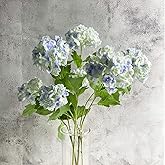 YalzoneMet Artificial Snowball Viburnum 4 Pcs 26.8 in Graduated Blue Small Hydrangea 2 Head Natural Lifelike Real Touch Faux Latex Long Stem Vibernum Flower for Home Decoration Outdoor Wedding Deco