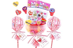 UPIRT 24 Pack Valentines Day Gifts, Valentine's Day Cards for School Classroom Exchange Party Favors, Lollipop-Shaped Stationery Set with Pencils Stickers Erasers Stampers Sharpener for Boys Girls