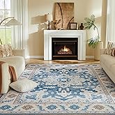 8 x 10 Area Rugs for Living Room, Machine Washable Area Rugs Boho Faux Wool Low Pile Area Rug for Bedroom, Floral Medallion Vintage Rugs with Non-Slip Rubber, Kid & Pet Friendly, Blue Yellow