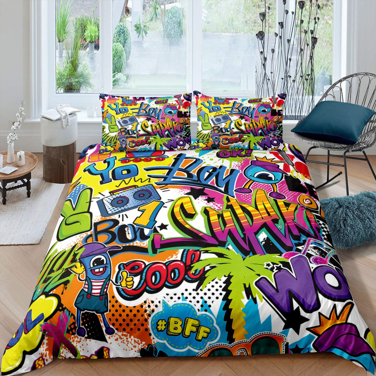 Hip-Hop Style Bedding Set Boys Kids Graffiti Hippie Street Culture Funny Theme Teens' Bedroom Decor Duvet Cover with Zipper Ties Microfiber Comforter Cover,1 Duvet Cover with 1 Pillowcases Single — image 1