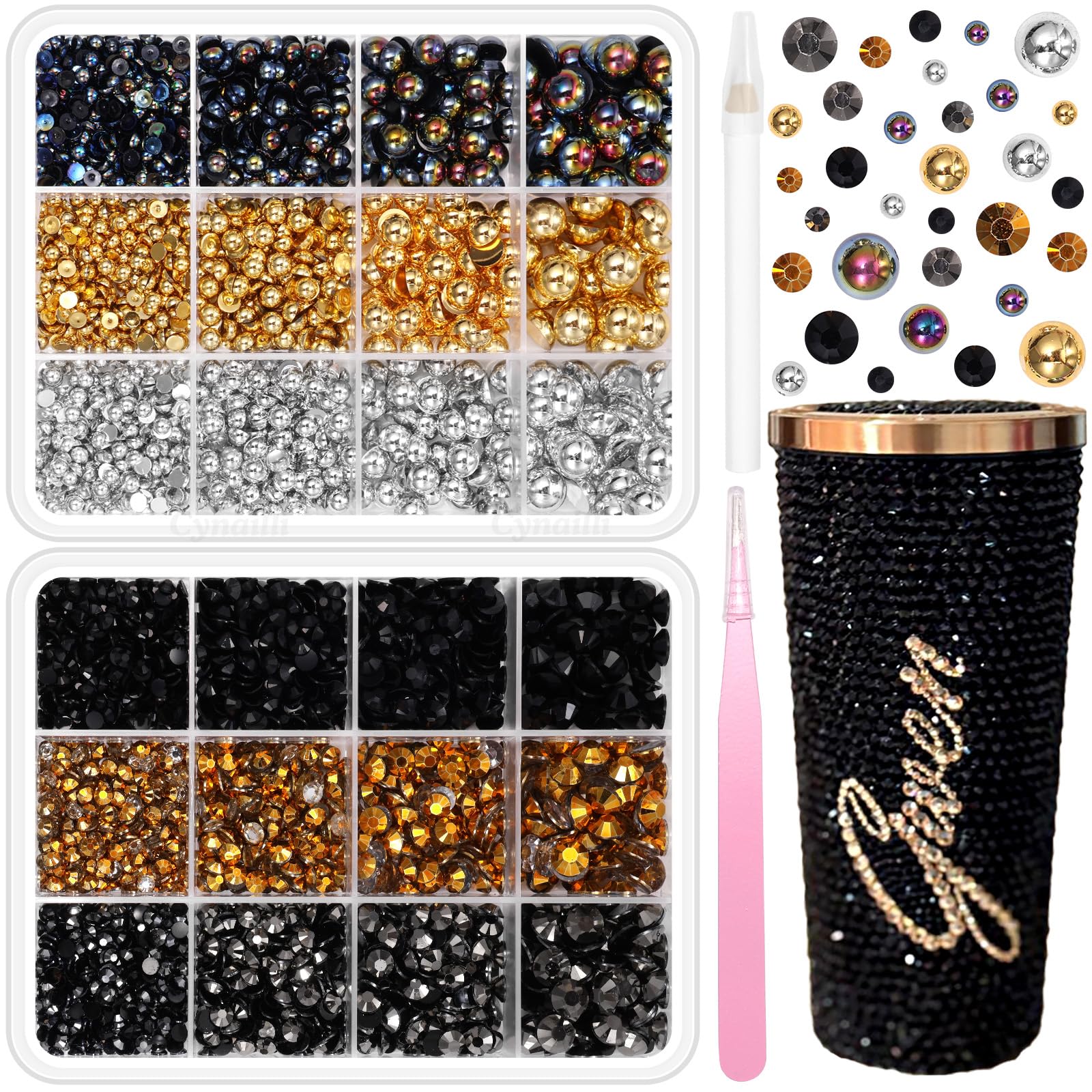 Photo 1 of 2 Boxes Gold Black Flatback Pearls and Resin Rhinestones for Crafting, 3-6 mm Jelly Rhinestones, Mixed Size Half Pearl Bedazzling Gems for Nail DIY Crafts Mugs Bottles Tumblers Clothes Makeup