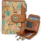 Icycay Highland Cow Small Wallet Women RFID Blocking Bifold, Cute Credit Card Holder, Zipper Coin Pocket, PU Leather, Compact, Travel, 4 ID Window, 14 Card Slots, Western, Cash Purse, Ladies Woman