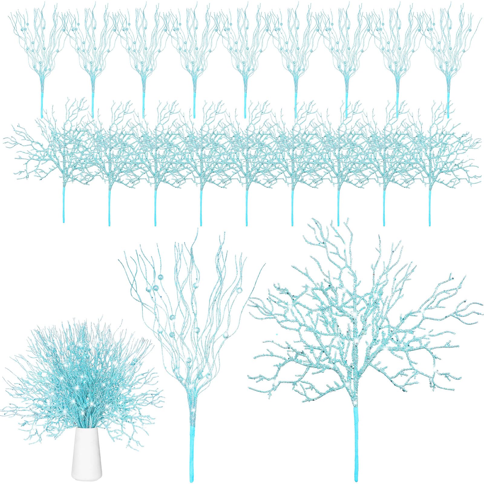 Namalu 18 Pcs Christmas Tree Picks Sprays 15 Inches Coral Ornament Coastal Teal Branch Picks Xmas Ornament Glitter Berry Stick Ornaments, Branches Glass Holiday Wedding Winter Decorate(Blue Ocean)