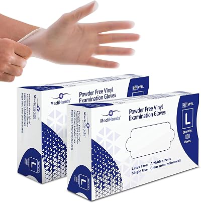 Farla Medical MediHands Large Clear Vinyl Gloves 200ct Powder Free Latex Free