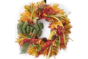 Pinkpuii Fall Wreaths for Front Door 24 Inch- Artificial Silk Autumn Wreath with Green Bow,Vibrant Fall Door Wreath with Maple Leaves,Red Berries and Pine Cones-Large Thanksgiving Wreath Home Decor