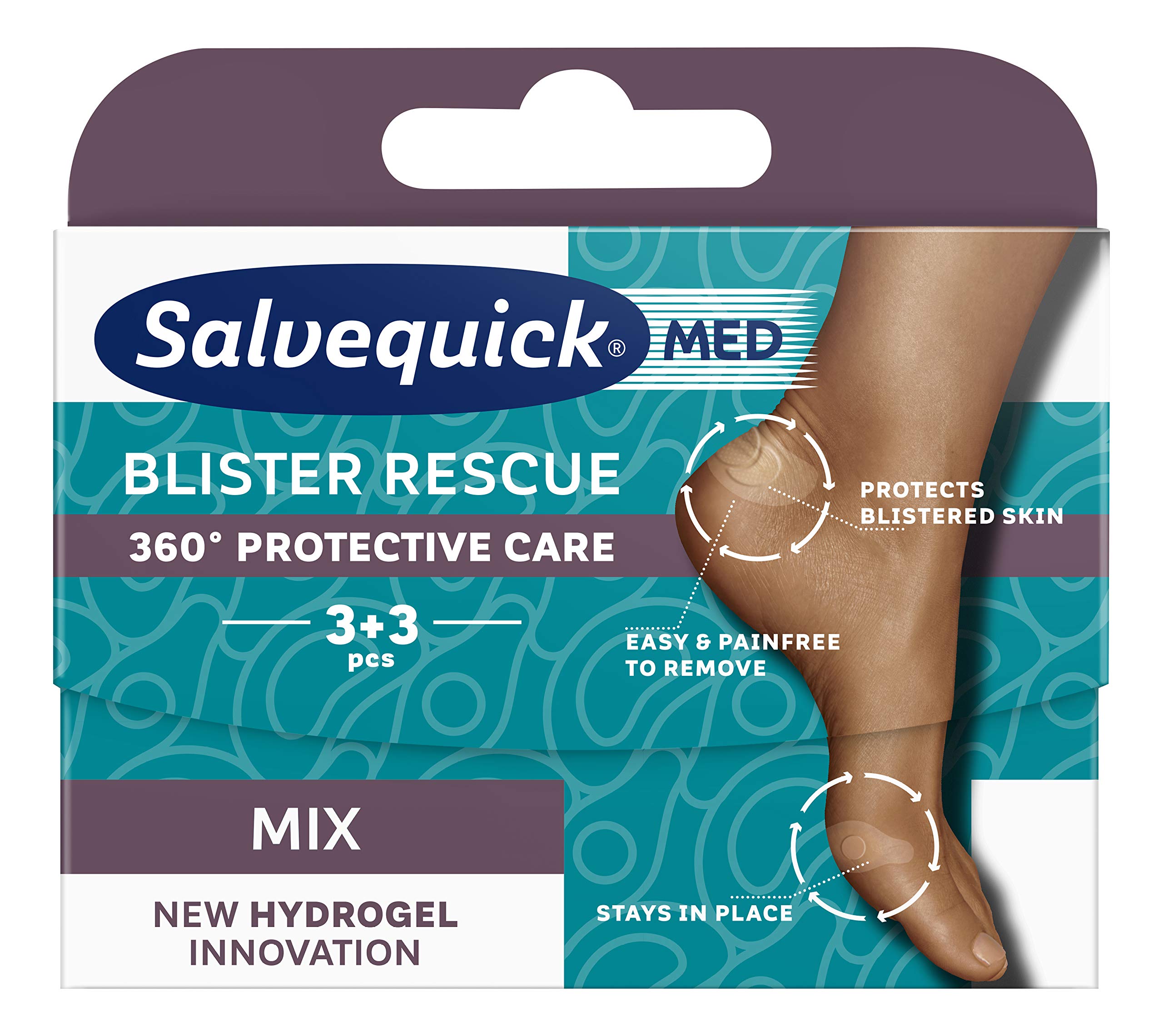 Salvequick ® | Blister Rescue Mix 6 | Hydrogel Wound Pads in 2 Sizes for Blisters Around The Heels & Around The Toes to Relieve Pressure - Easy & Pain- Removal | 3 + 3 Units for a 360º Feet Care