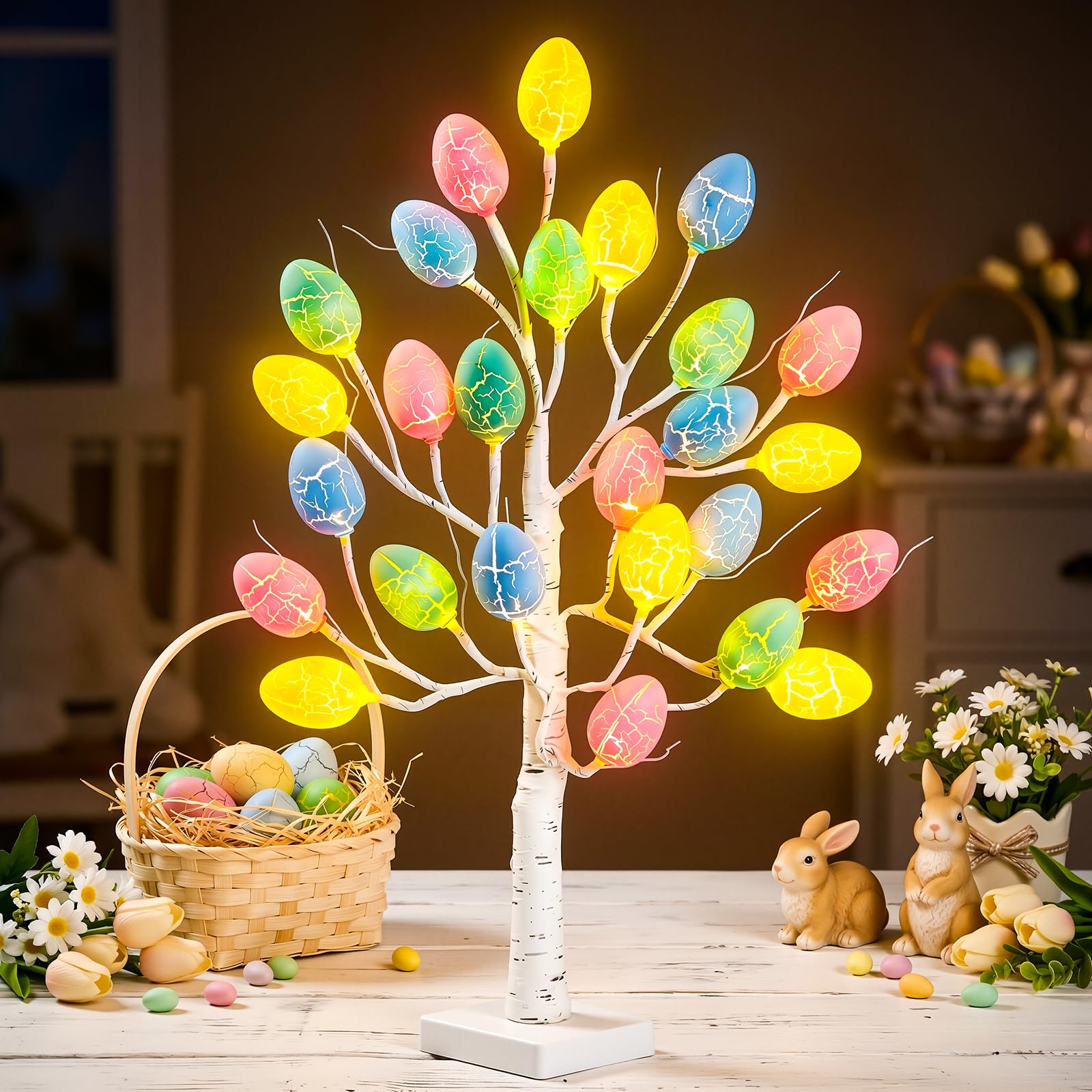 OLANRUN Easter Decorations - 2 FT Artificial Birch Tree with 24 Warm Led Light Colorful Eggs - Easter Tree Decor for Office Home Bedroom Table Mantel, USB or Battery Powered