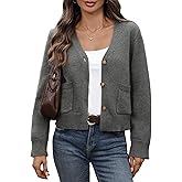 Women's Oversize Cropped Cardigan Sweater Wool Blend V Neck Long Sleeve Drop Shoulder Button Down Sweater with Pockets
