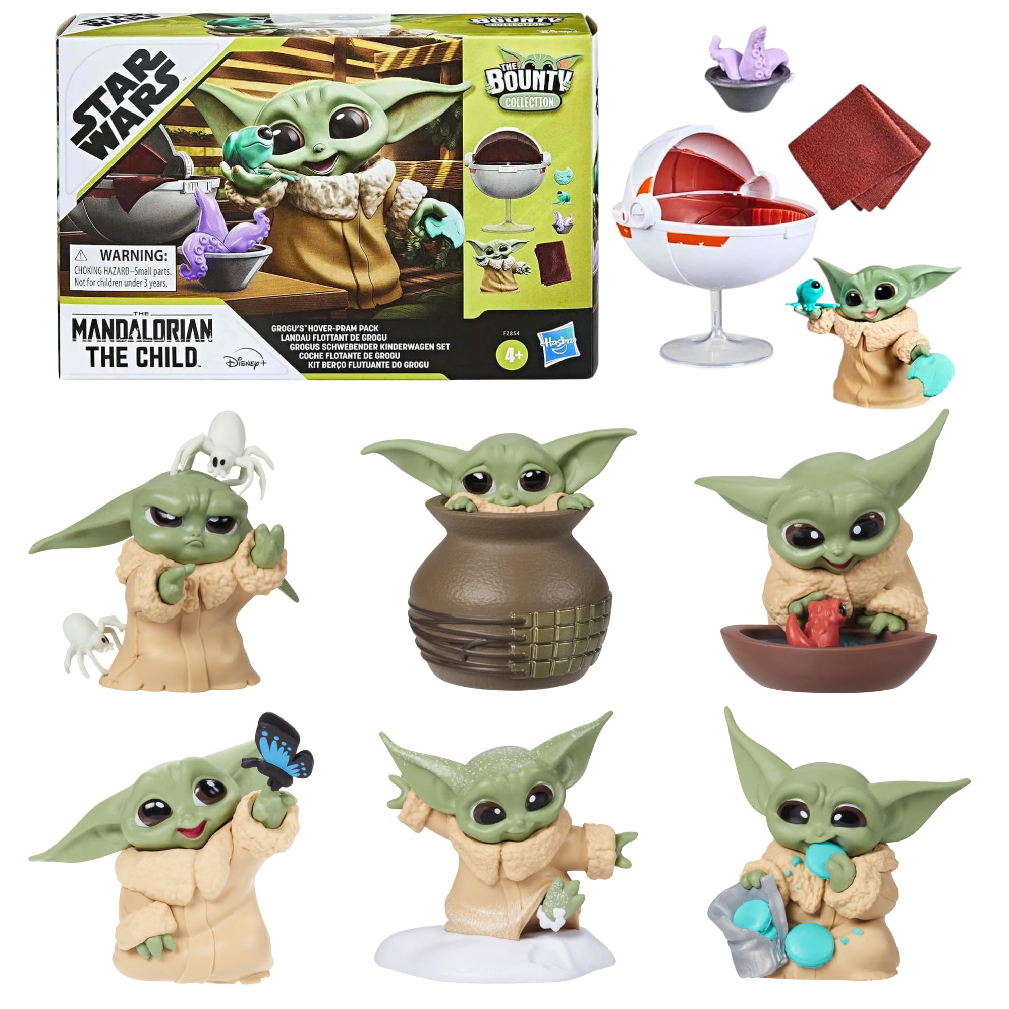 Toptoys2u Bargain Bundles Star-Wars The-Mandalorian The Bounty Collection Grogu Miniature Toy Figures - Pack of All 6 with Hover Pram Playset