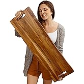Large Acacia Serving Board with Handles, 36 x 12 Inch Rectangular Charcuterie Platter, Natural Wood Server for Meat, Cheese Board, and Party Appetizers, Extra Long 3ft, Light