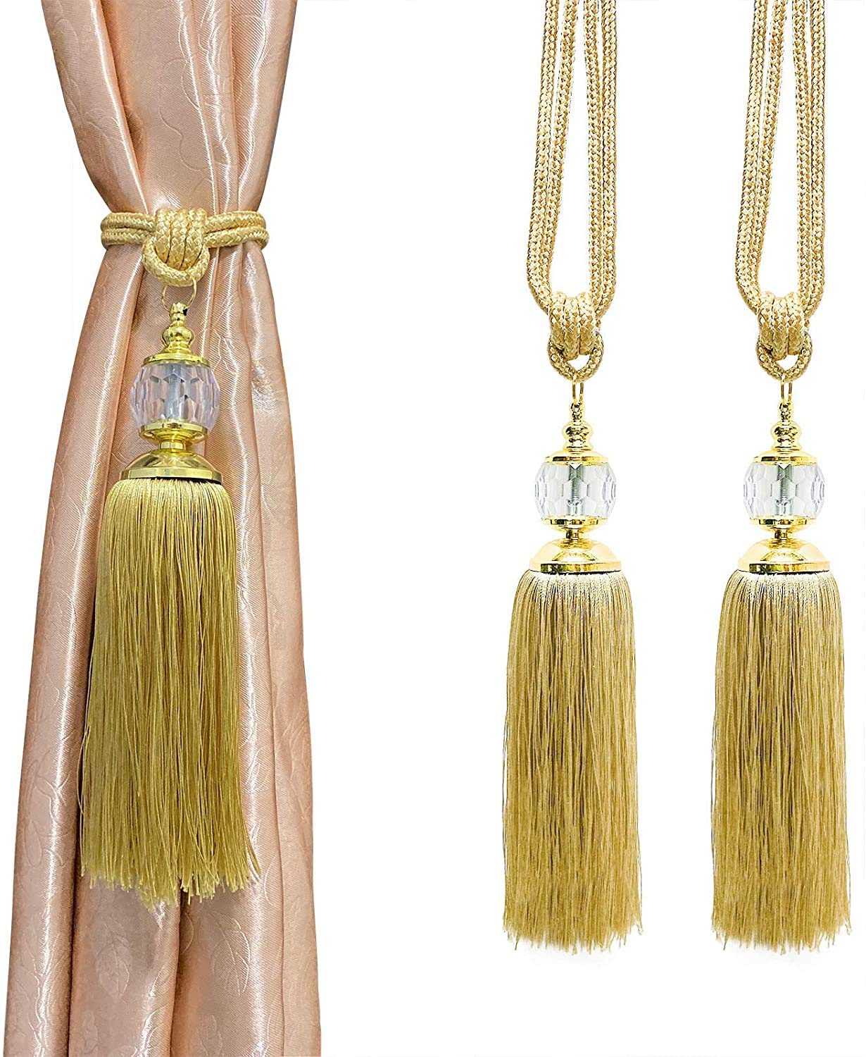 Curtain Tiebacks, Curtain Tieback Tassel Gold Crystal Curtain Holdbacks Tie Back Hooks for Drapes Decorative Curtain Drapery Holdback Holder for Office Home Window Decoration 2pack